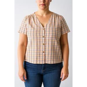 A.N.A Women's Box Cut Plaid Blouse - Size Petite XL - Short Sleeve Button Front